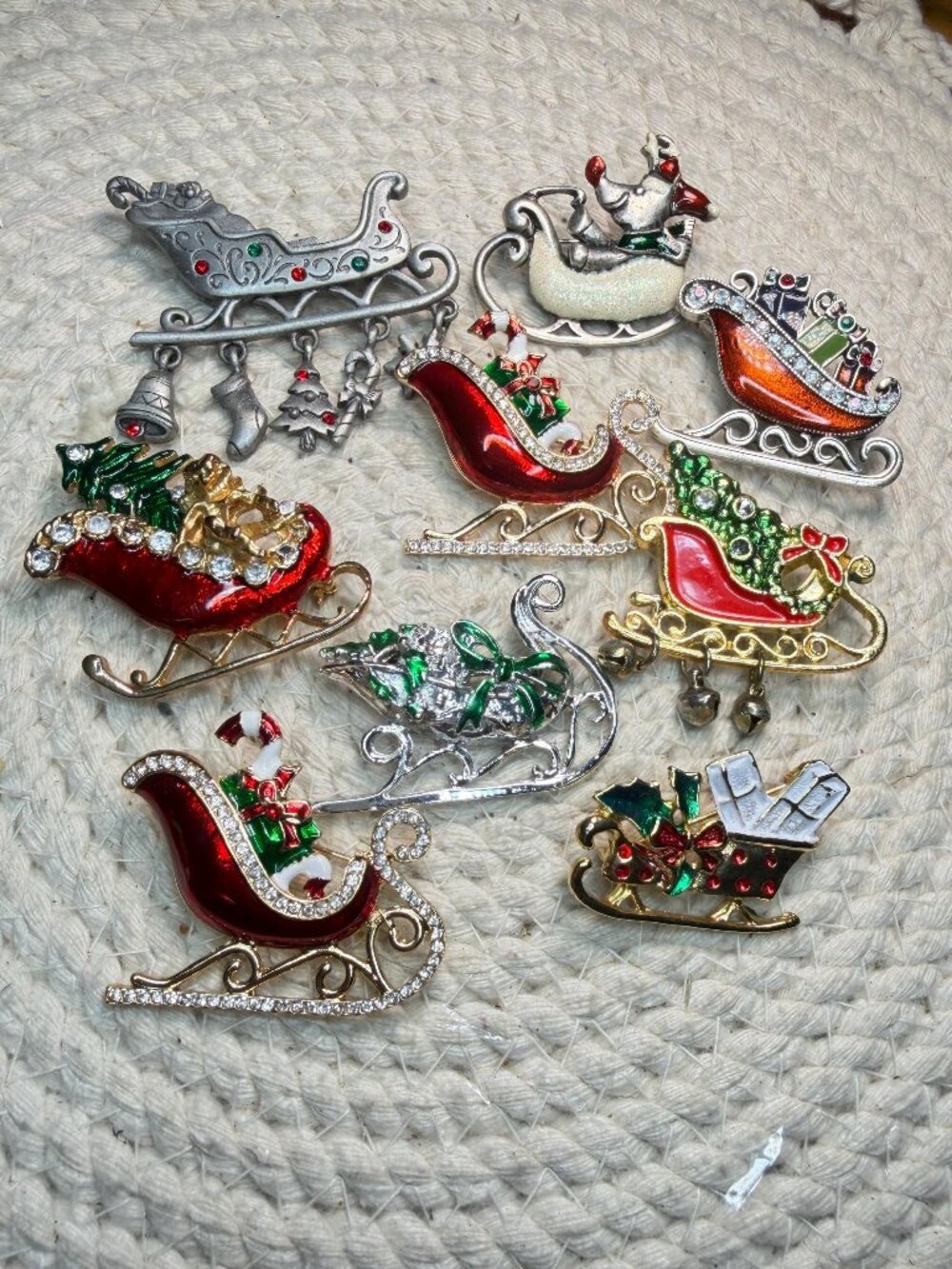 Christmas Sleigh Brooch Lot of 9 Santa Rhinestone Enamel Holiday Pins